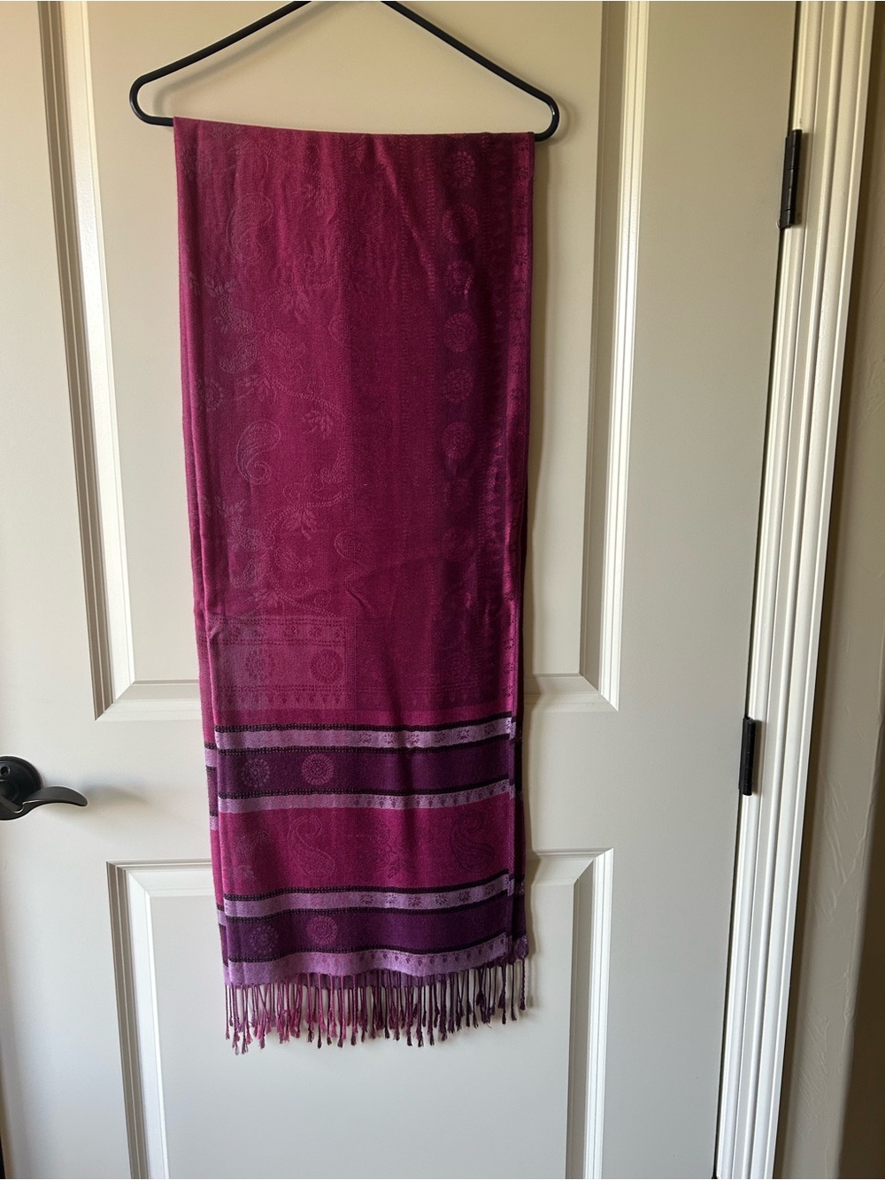 Women's Fringe Paisley pashmina scarf -plum and pink- 52” W x 72”L